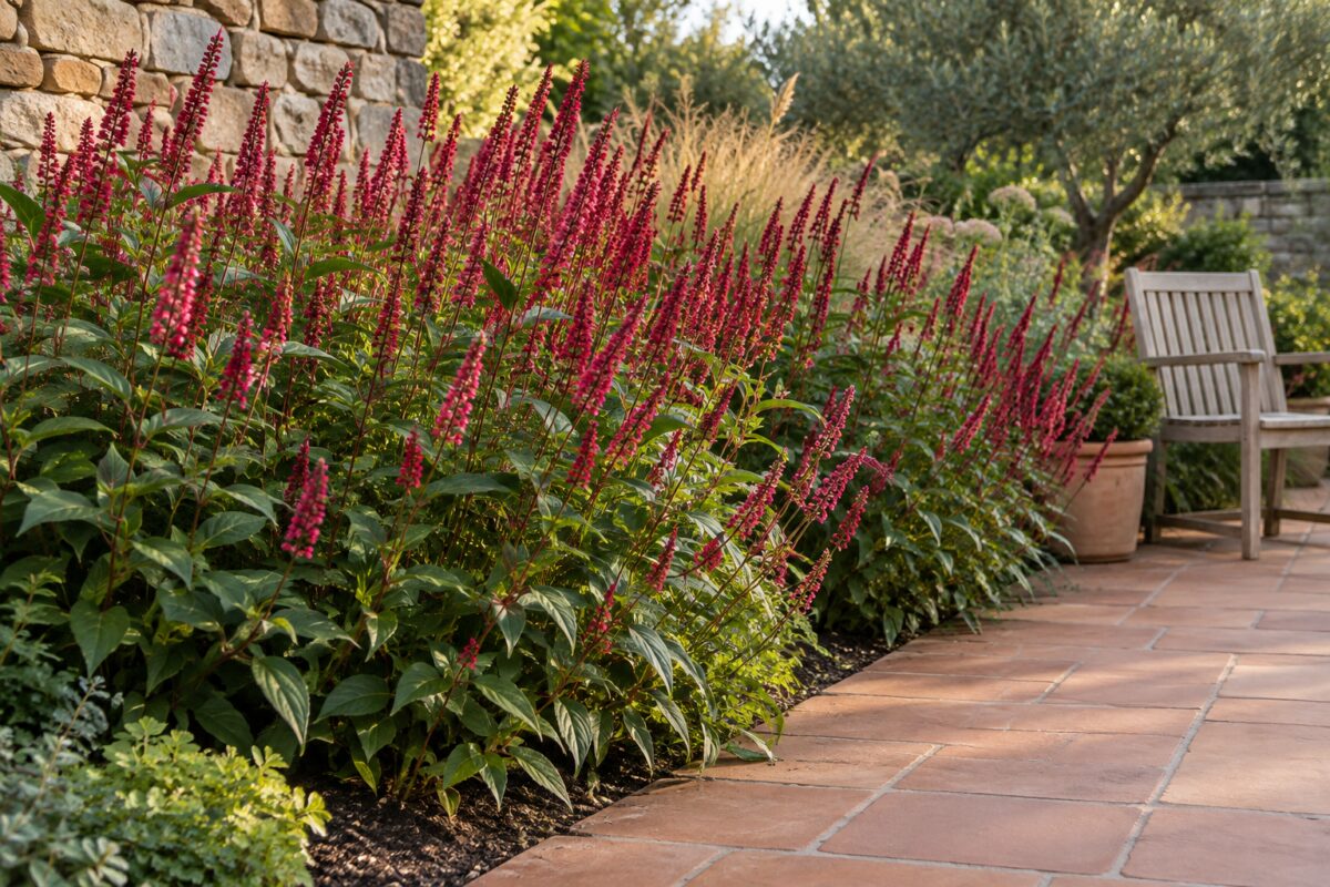 Bordura di Persicaria amplexicaulis accanto a una seduta e a una pavimentazione in cotto