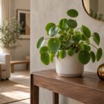 Pilea peperomioides in vaso chiaro su una consolle in legno