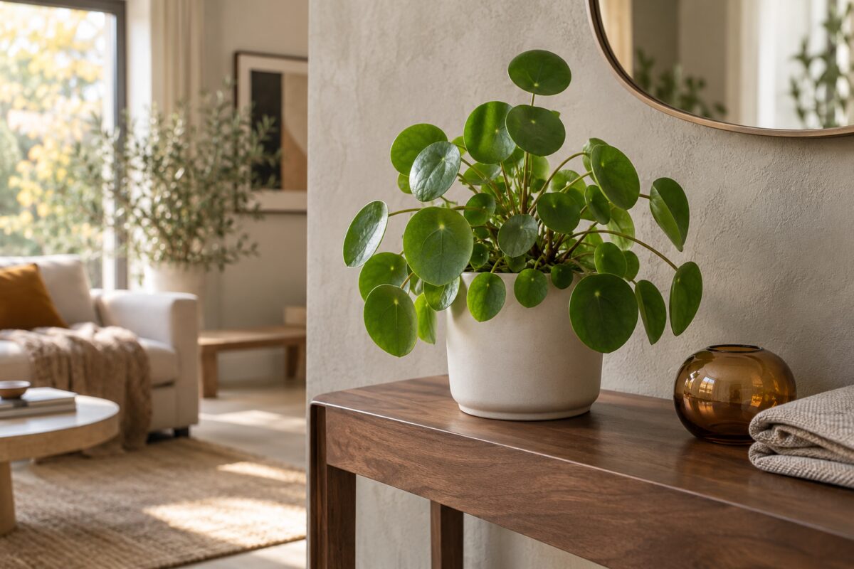 Pilea peperomioides in vaso chiaro su una consolle in legno