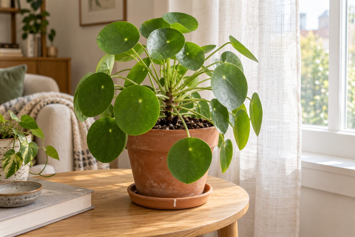 Pilea vicino a una finestra con luce indiretta e tenda leggera