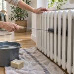 Pulizia di un termosifone freddo con spazzola sottile prima dell’accensione
