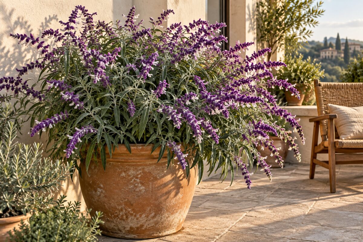 La Salvia leucantha porta spighe viola e volume leggero sul terrazzo d’autunno