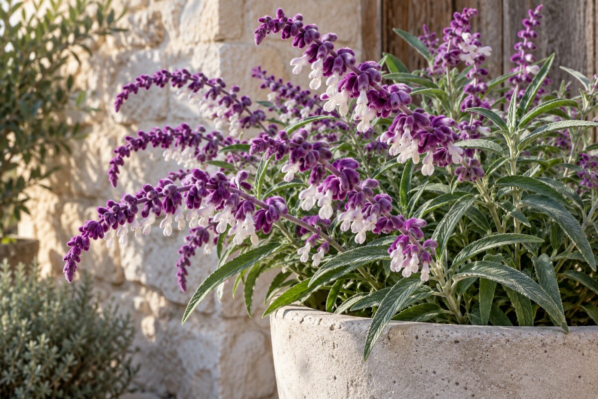 Dettaglio delle spighe viola vellutate e dei piccoli fiori bianchi della Salvia leucantha