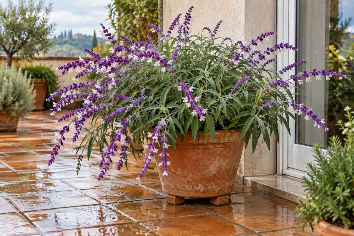 Salvia leucantha in vaso rialzato su piedini dopo la pioggia sul terrazzo