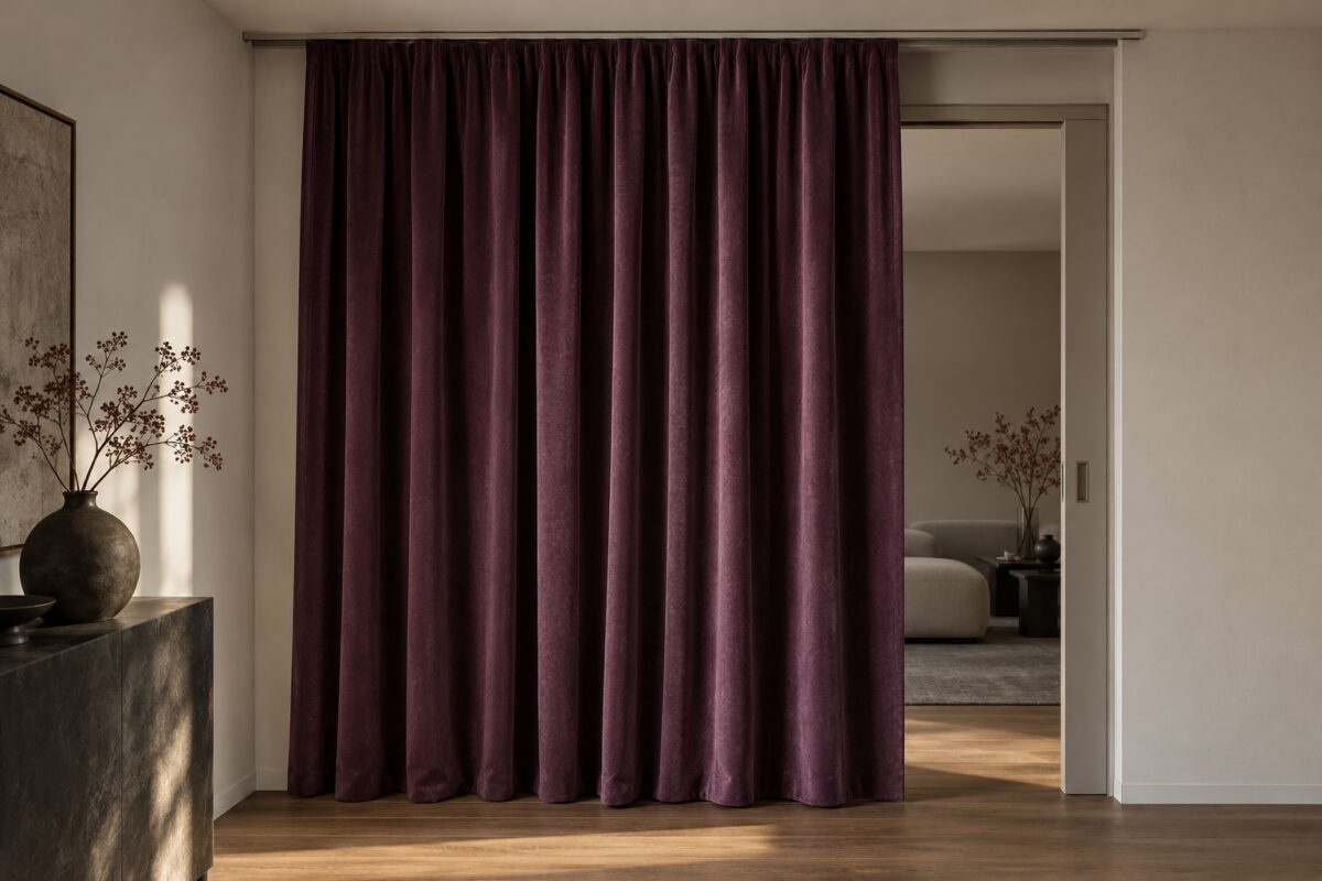 Dettaglio di un binario a soffitto con tenda color prugna nel vano porta