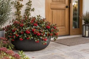 Gaultheria con bacche rosse in un vaso antracite accanto all’ingresso