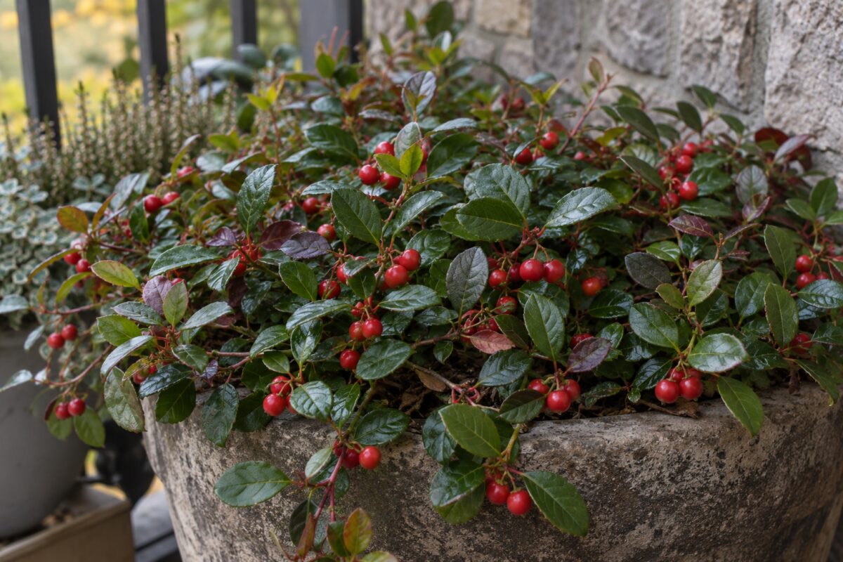 Dettaglio di foglie lucide e bacche rosse della Gaultheria procumbens