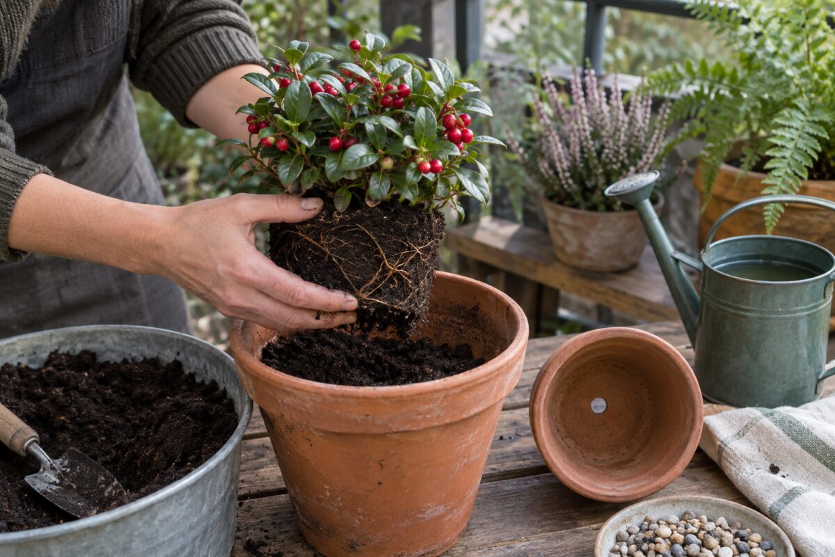 Rinvaso della Gaultheria in terriccio per acidofile su un balcone ombreggiato