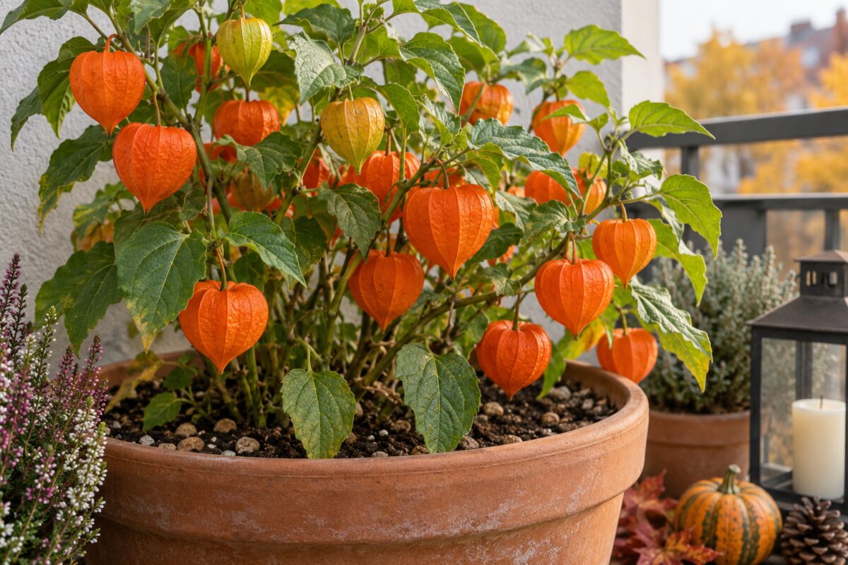 Dettaglio dei calici arancioni di Physalis alkekengi in un vaso di terracotta