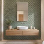 Bagno contemporaneo con parete rivestita da piastrelle a onda verdi