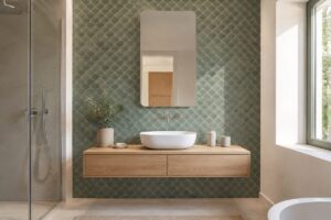 Bagno contemporaneo con parete rivestita da piastrelle a onda verdi