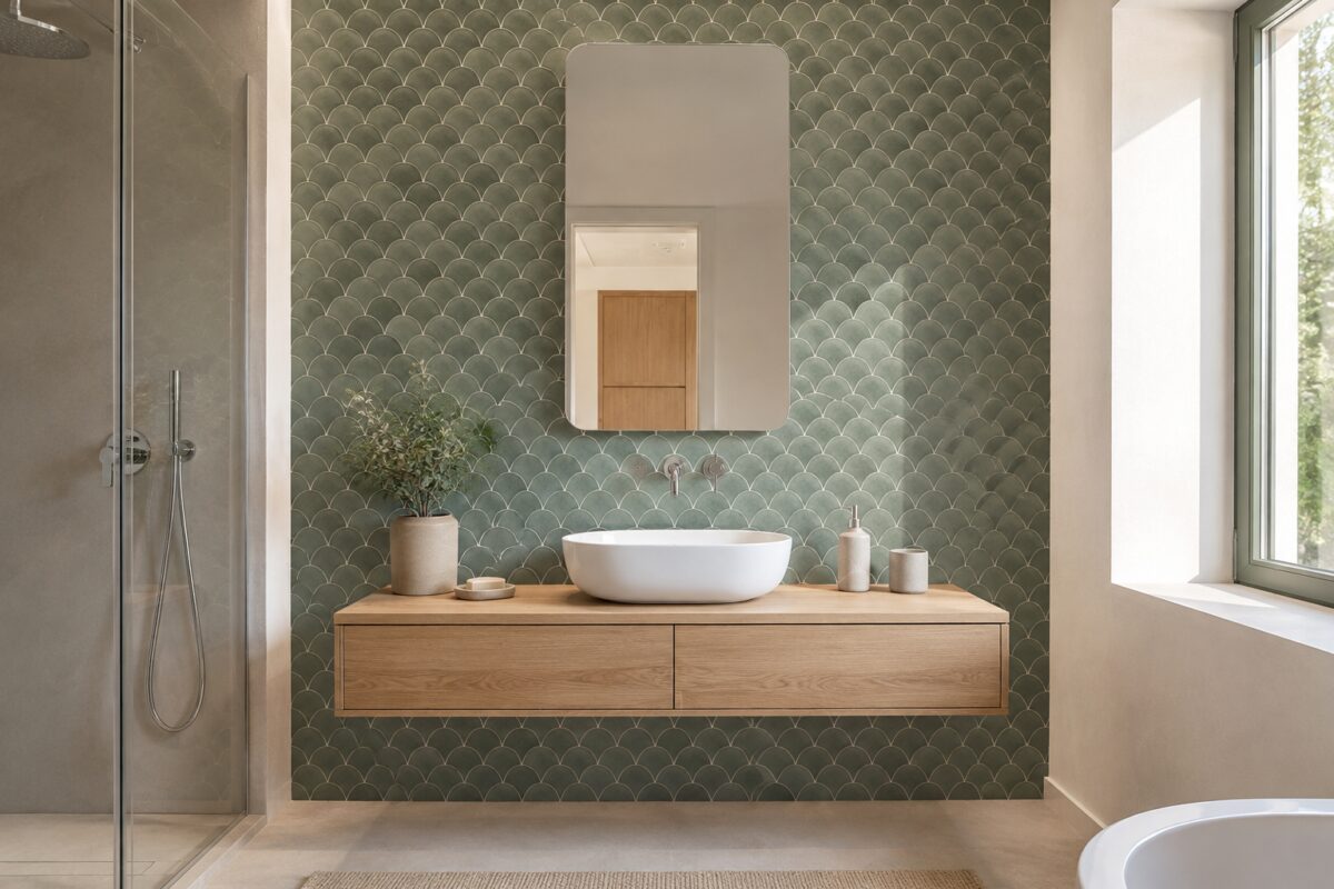 Bagno contemporaneo con parete rivestita da piastrelle a onda verdi
