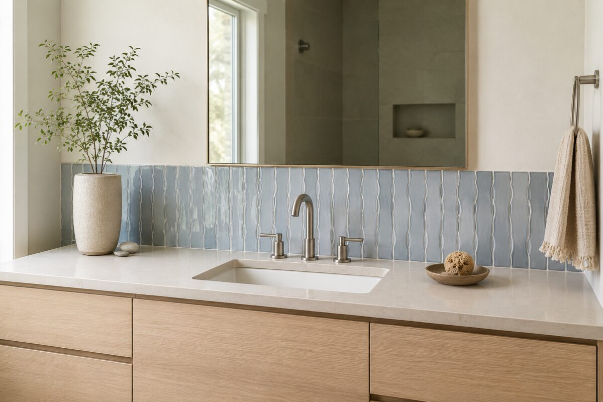 Zona lavabo con piastrelle a onda abbinate a legno chiaro e intonaco