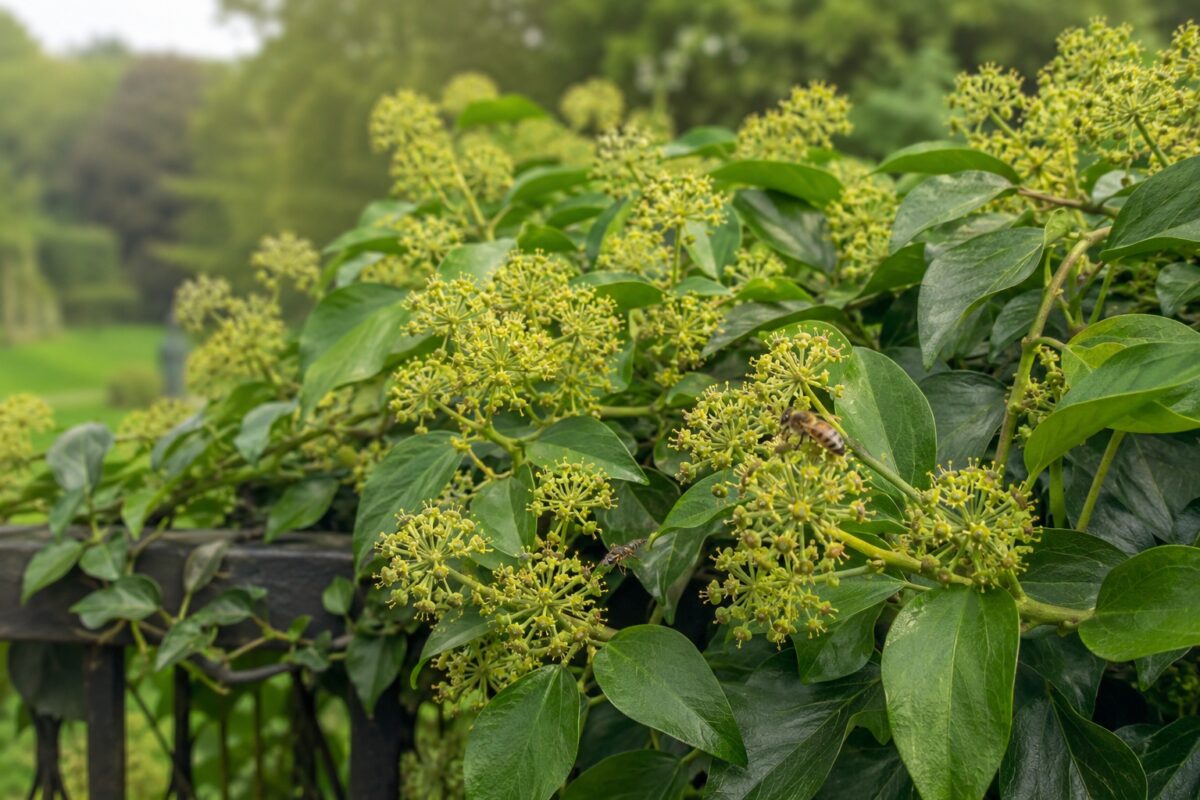 Edera in fiore con ombrelle verdi visitate da un’ape