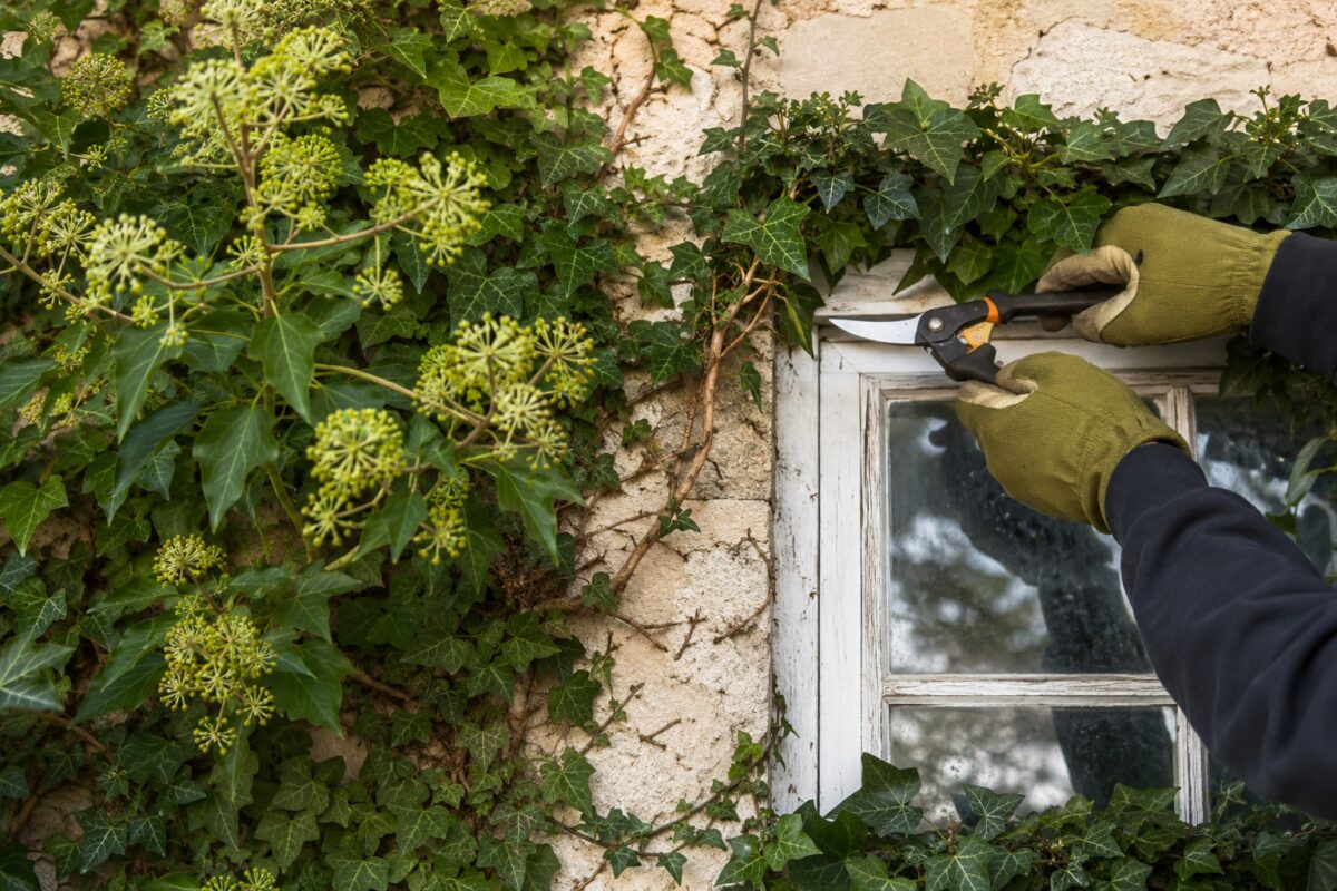 Potatura selettiva dell’edera vicino a una finestra lasciando i fiori
