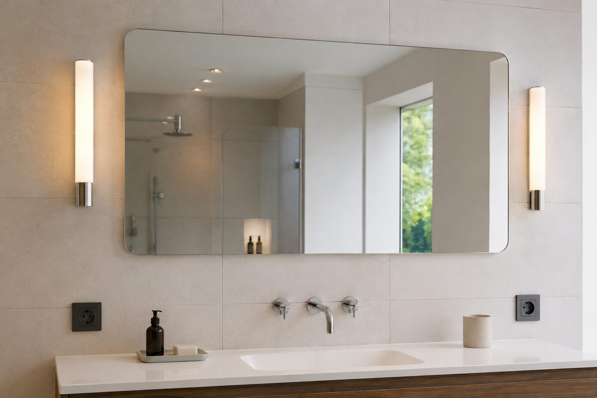Specchio da bagno allineato al lavabo con due luci verticali laterali