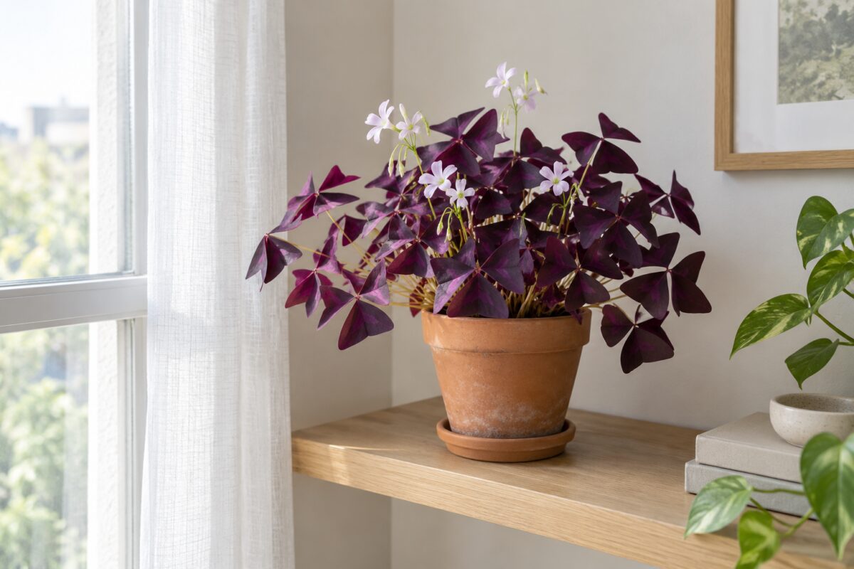 Oxalis triangularis vicino a una finestra con luce filtrata
