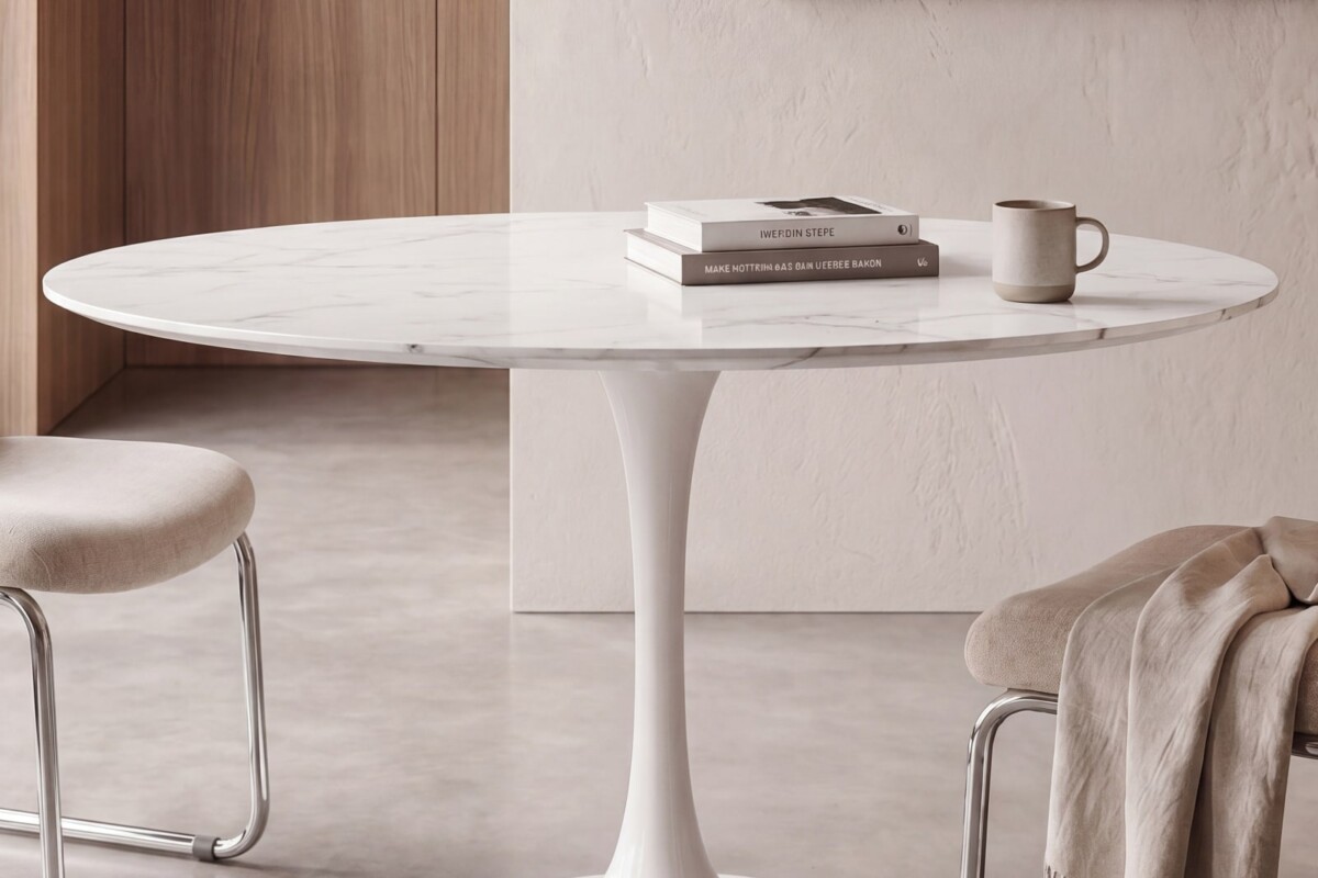 Tavolo Liva con piano effetto marmo bianco e base centrale