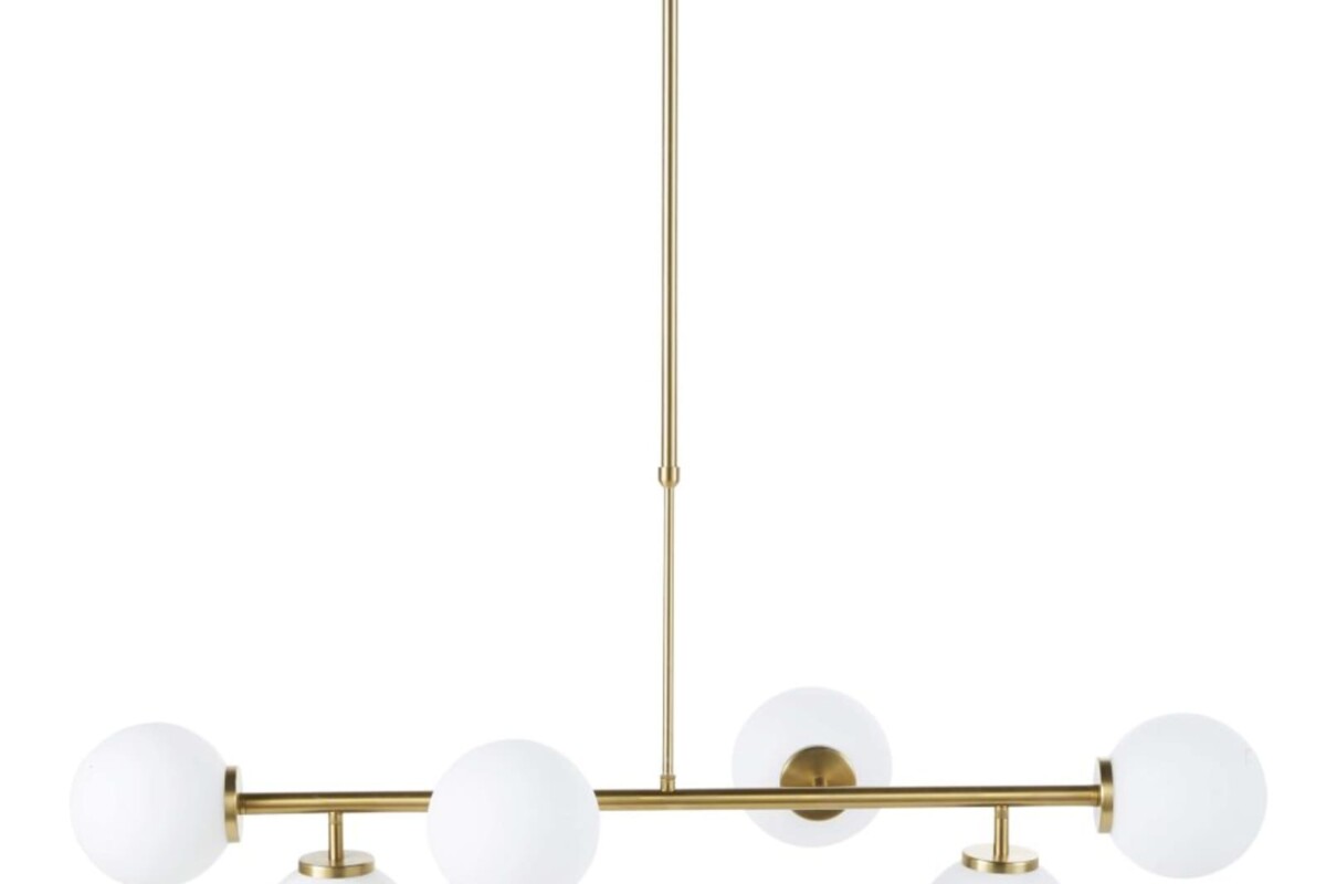 Lampada NASH in metallo dorato con sei globi in vetro opalino