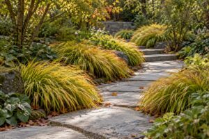 Nel giardino in ombra, Hakonechloa macra accende gradini e pietra con onde dorate