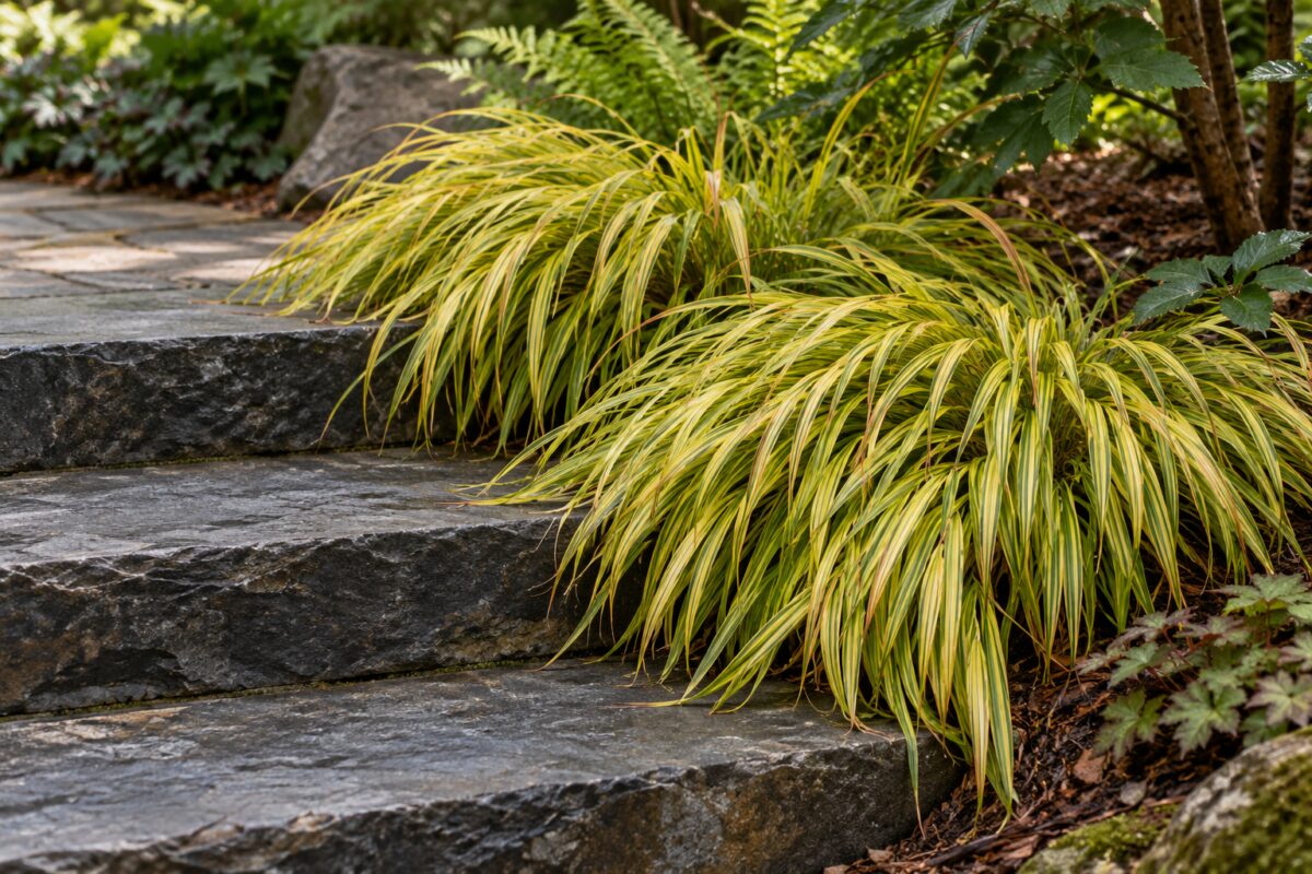 Hakonechloa macra Aureola che ricade su gradini di pietra scura