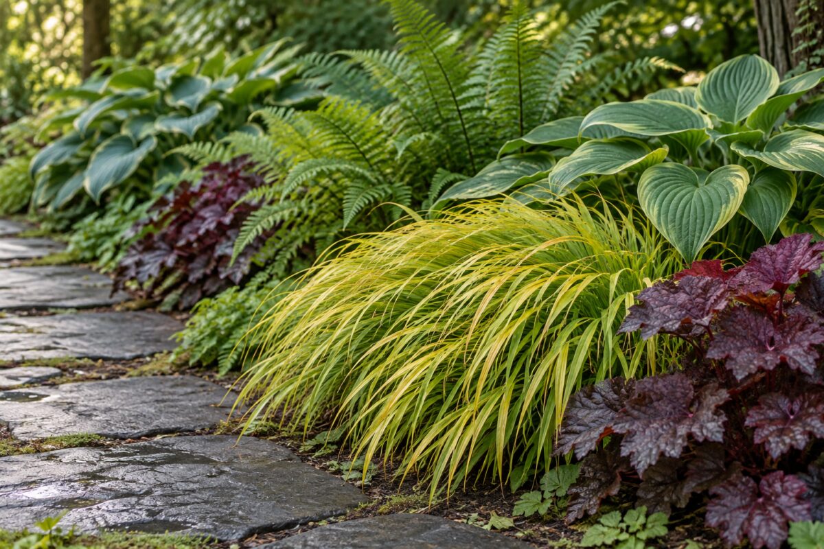 Hakonechloa macra con Hosta, felci e Heuchera lungo un sentiero ombreggiato