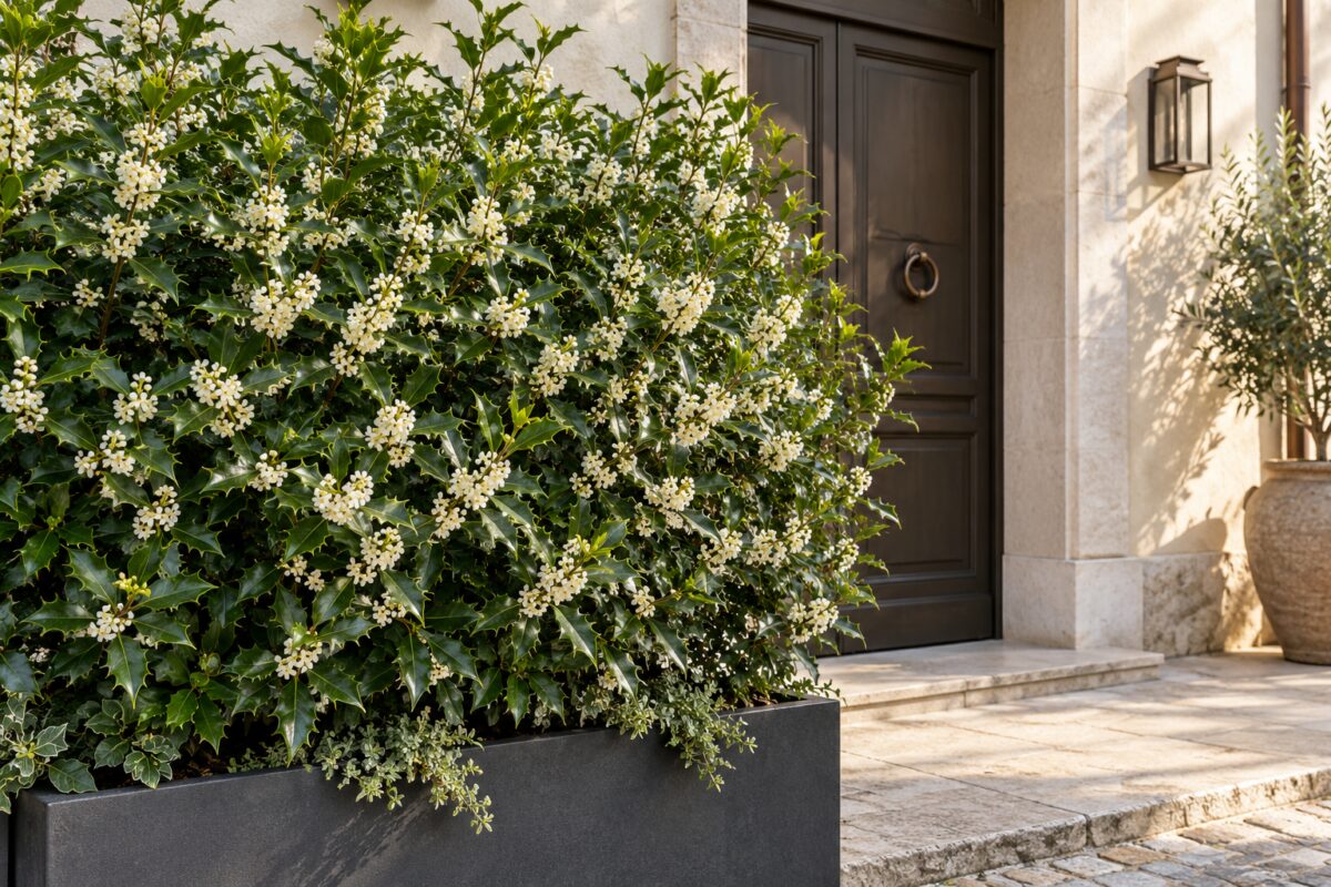Osmanthus heterophyllus vicino all’ingresso, la siepe sempreverde che profuma in autunno