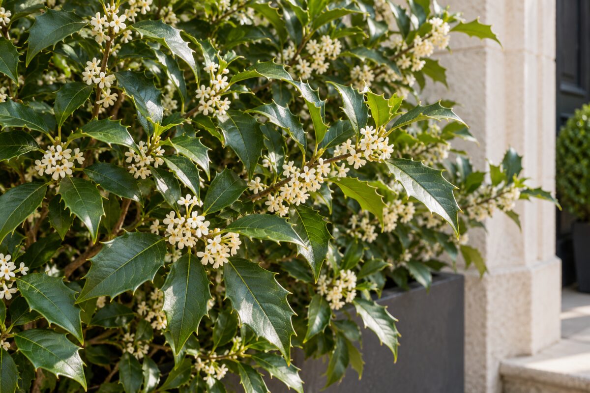 Fiori bianchi e foglie lucide dell’Osmanthus heterophyllus in autunno