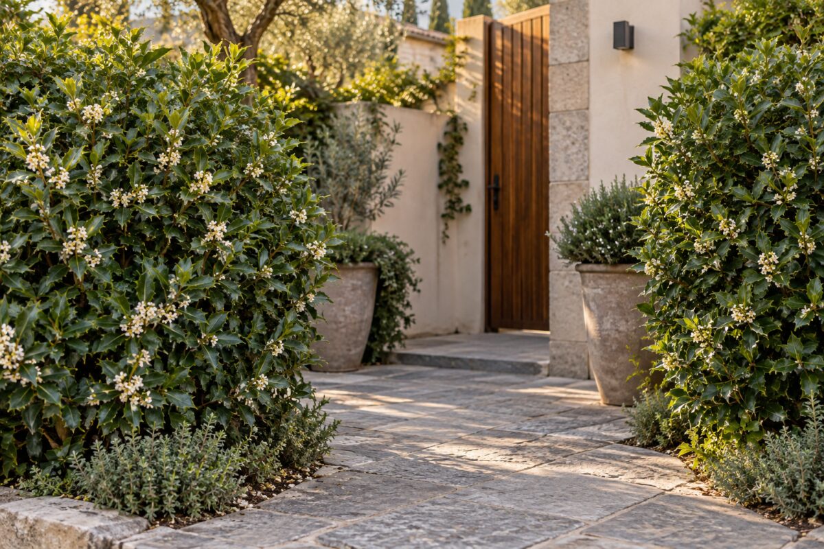 Due Osmanthus heterophyllus creano una quinta verde lungo il vialetto d’ingresso