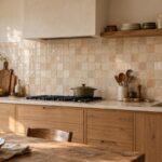 Paraschizzi della cucina con piastrelle irregolari color avorio e argilla