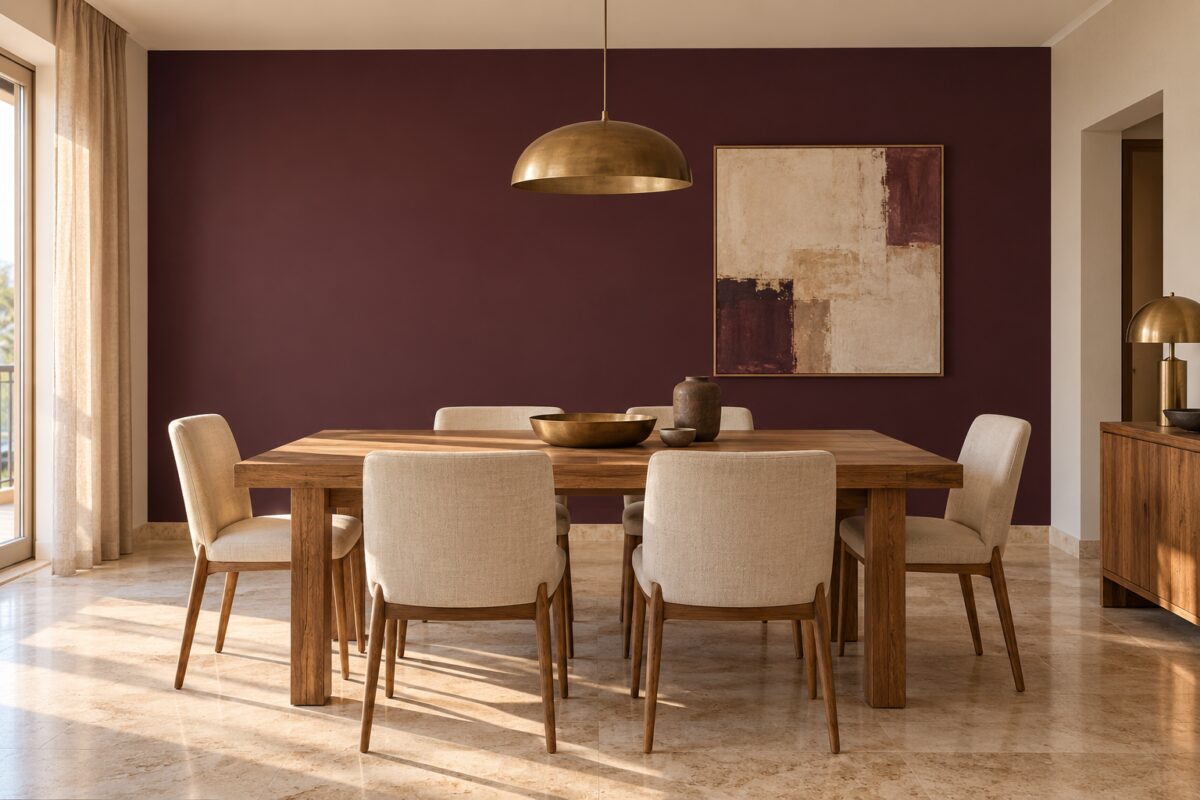 Parete color melanzana in sala da pranzo: diventa più intima se soffitto e zoccolatura restano chiari