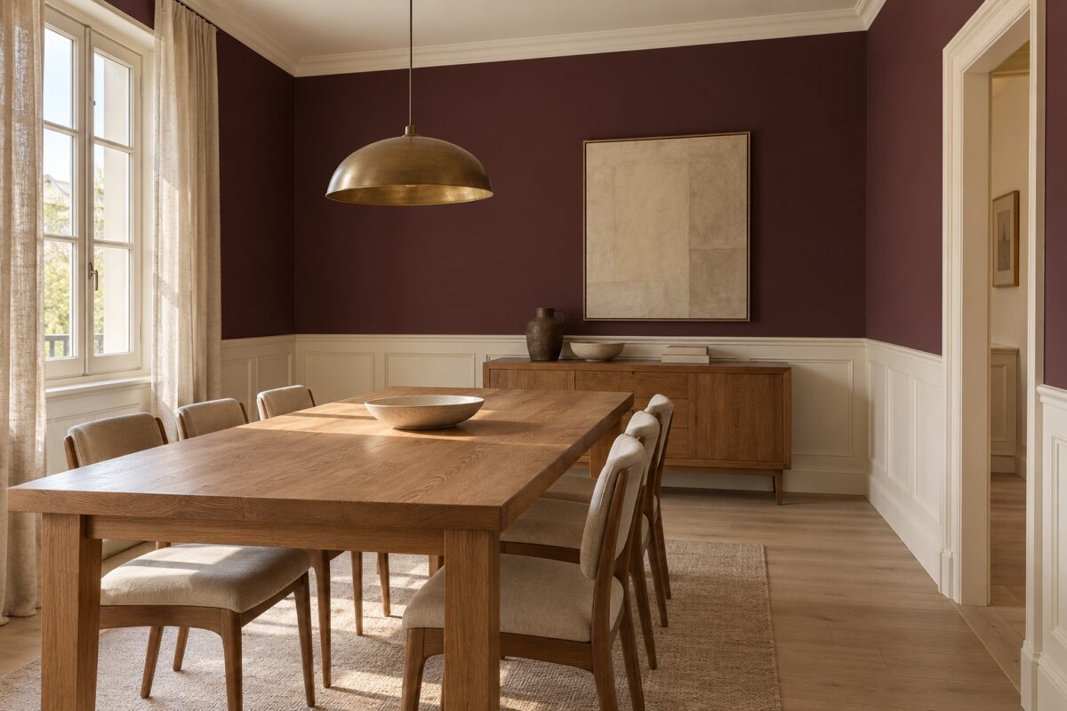 Parete color melanzana sopra una boiserie avorio alta circa novanta centimetri in sala da pranzo
