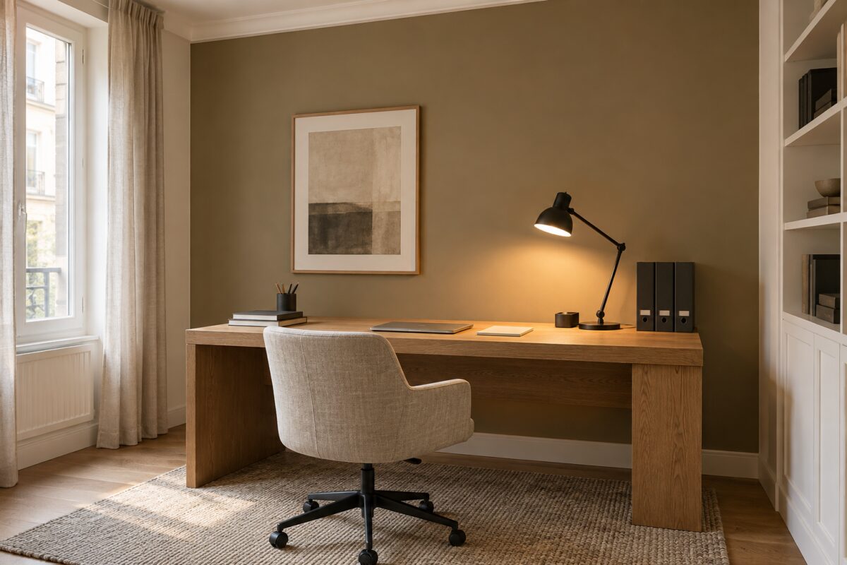 Parete color khaki dietro una scrivania in rovere illuminata da una lampada calda