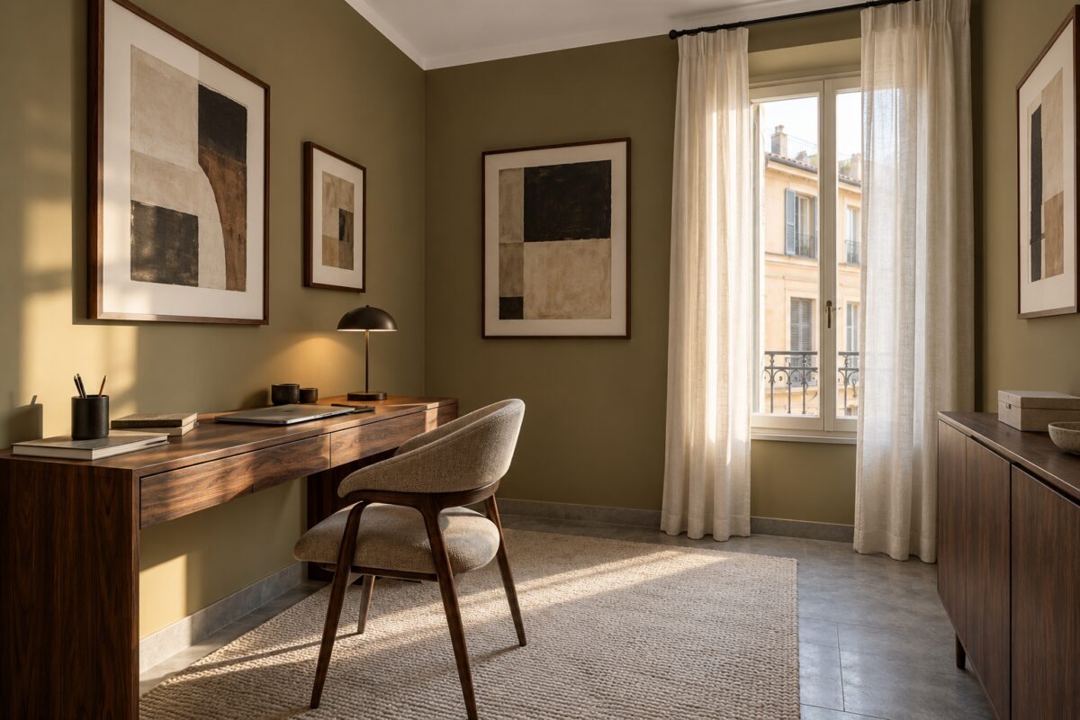 Piccolo studio con due pareti color khaki, cornici in noce e tende in lino chiaro