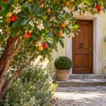 Corbezzolo con fiori bianchi e frutti rossi accanto a un ingresso