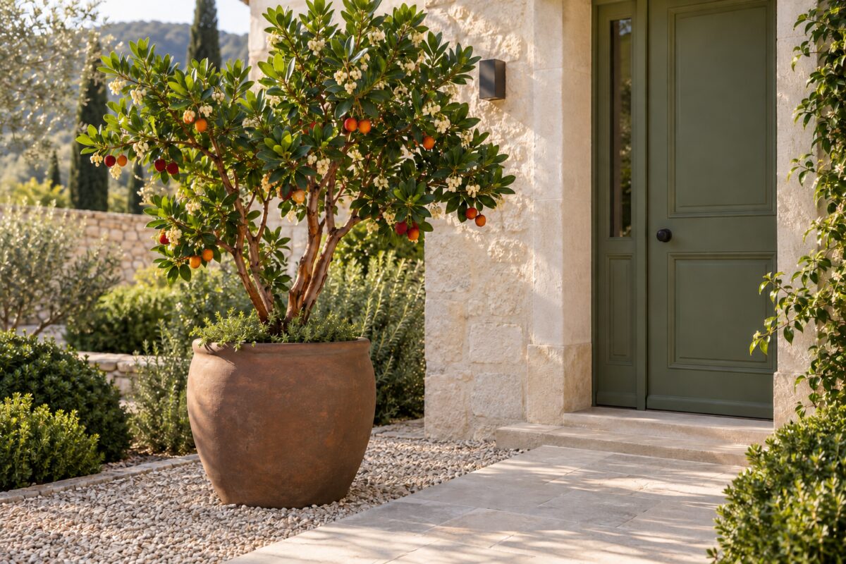 Corbezzolo in un grande vaso di terracotta vicino alla porta di casa