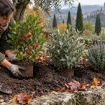 Giardiniere mette a dimora giovani arbusti in una bordura autunnale