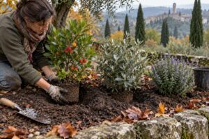 Giardiniere mette a dimora giovani arbusti in una bordura autunnale