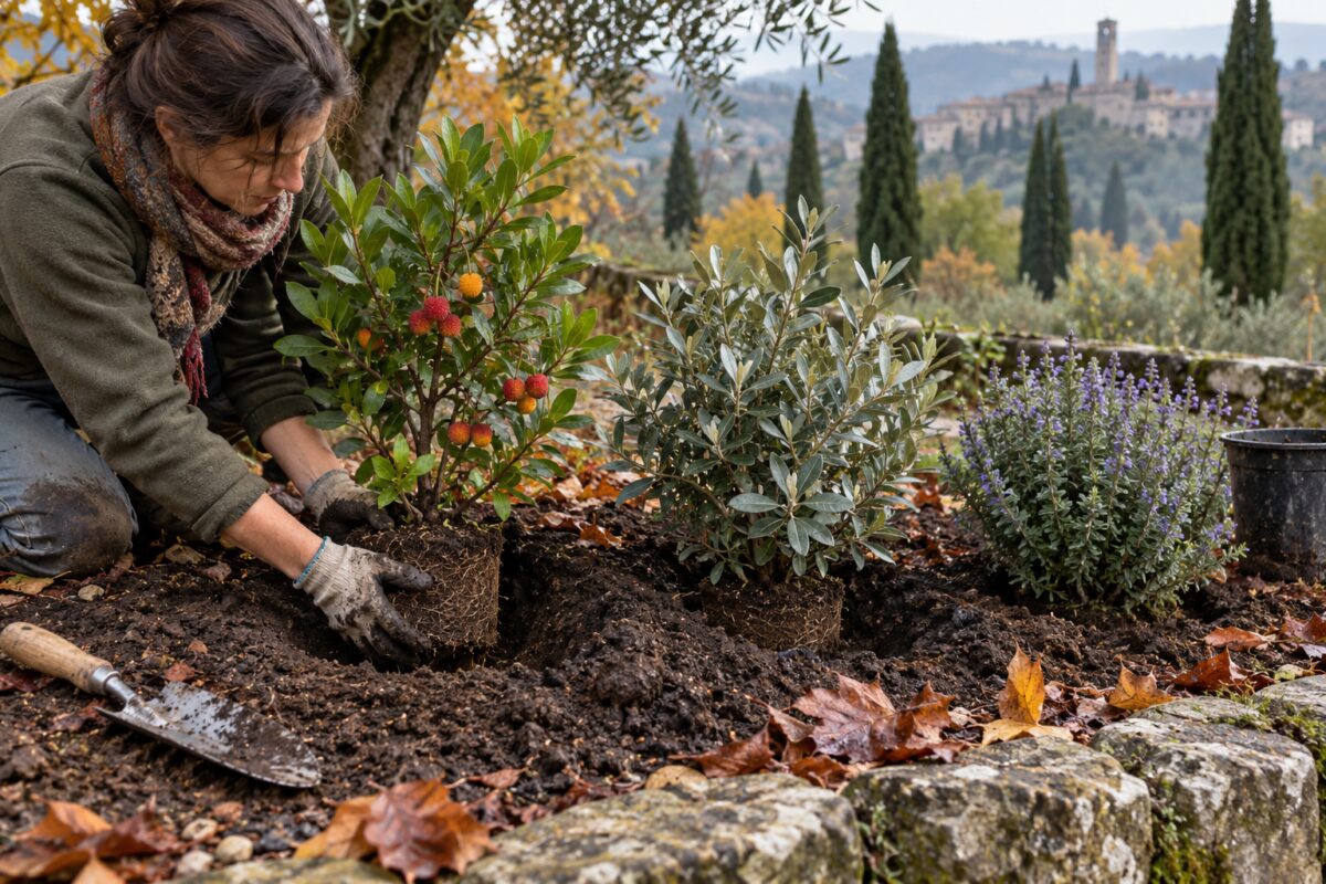Giardiniere mette a dimora giovani arbusti in una bordura autunnale
