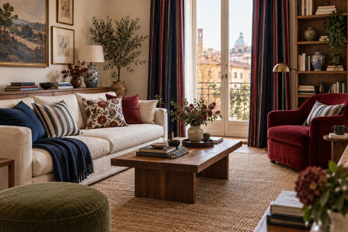 Soggiorno con righe, quadri e fiori coordinati nei colori blu e rosso vino