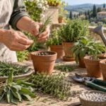 Rametti di rosmarino salvia e timo preparati per talee in piccoli vasi
