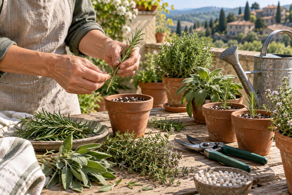 Rametti di rosmarino salvia e timo preparati per talee in piccoli vasi