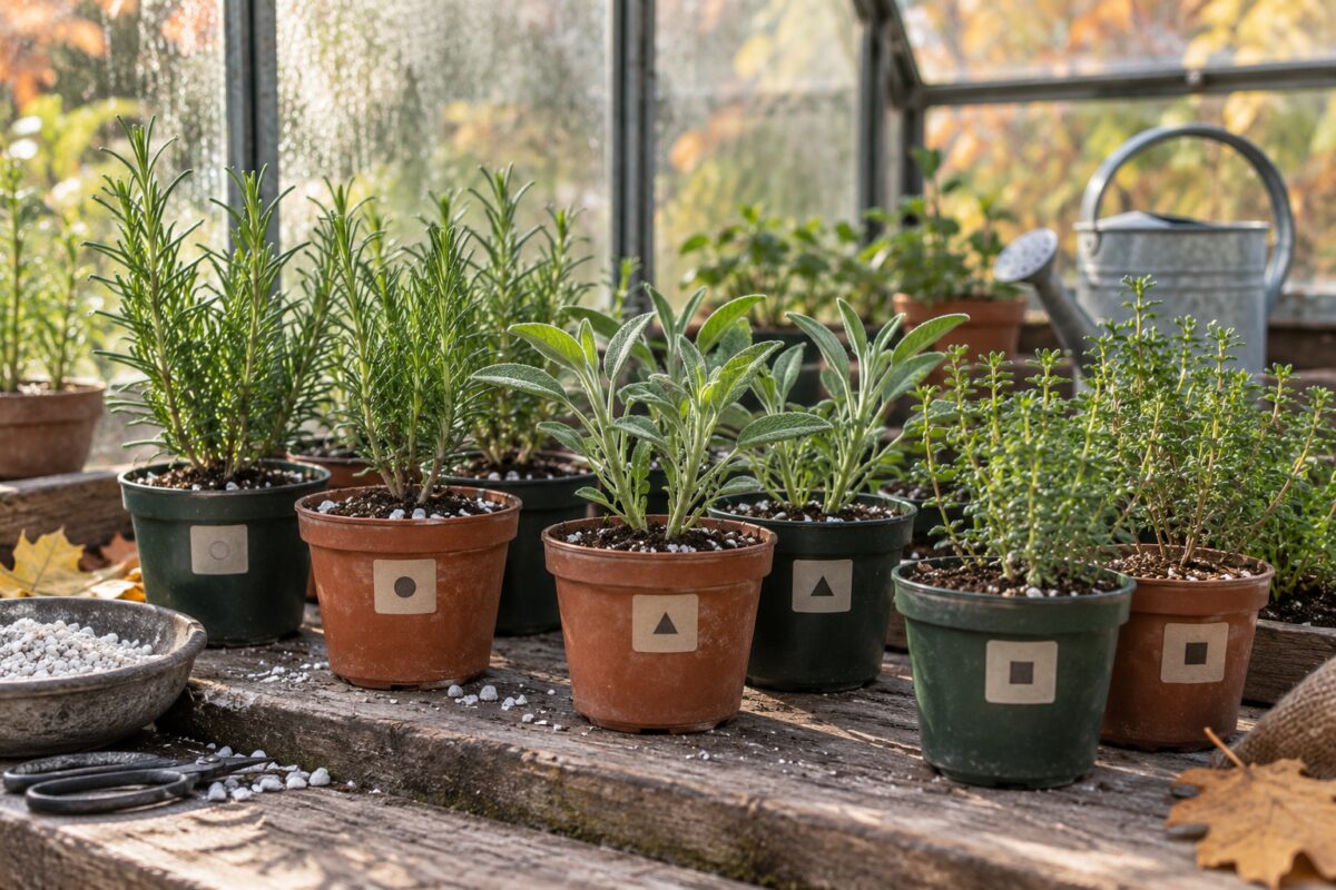 Piccoli vasi con talee radicate di aromatiche in ambiente luminoso