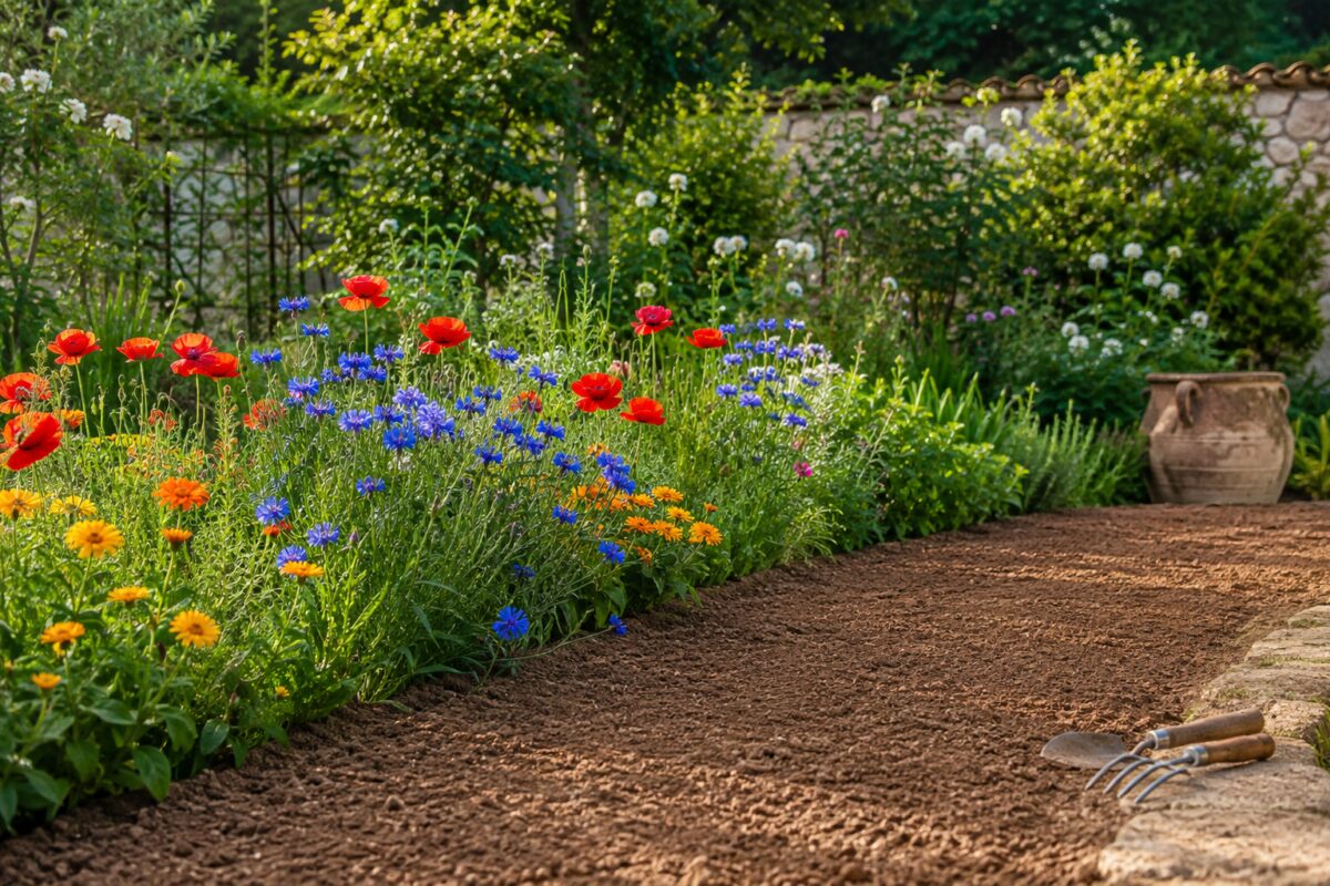 Aiuola con calendule, fiordalisi e papaveri pronta per la semina autunnale
