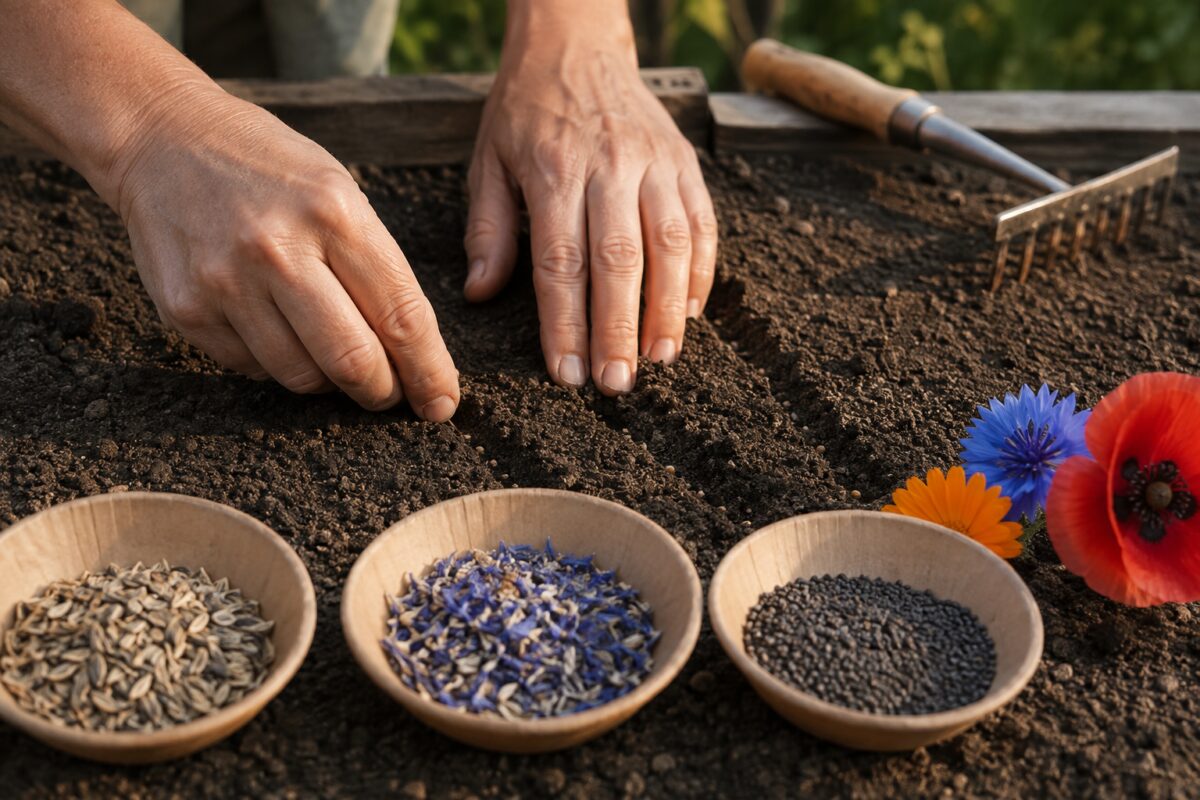 Mani che distribuiscono semi di calendula, fiordaliso e papavero in solchi superficiali