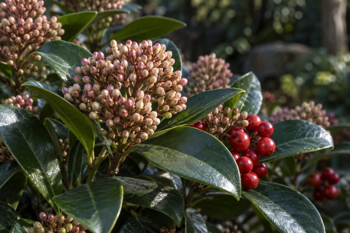 Dettaglio di boccioli, bacche e foglie lucide della Skimmia japonica