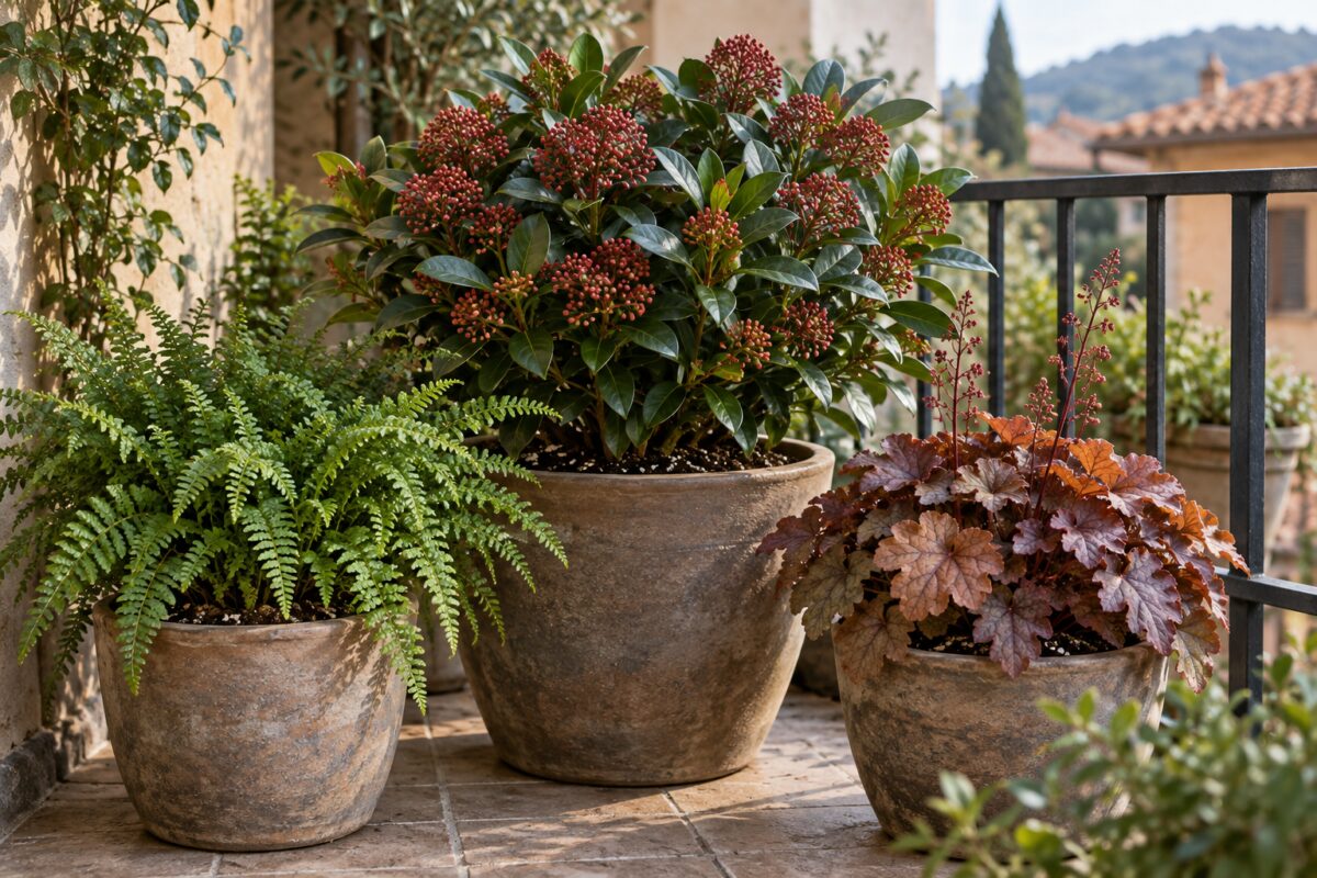 Composizione in mezzombra con Skimmia, felce e Heuchera
