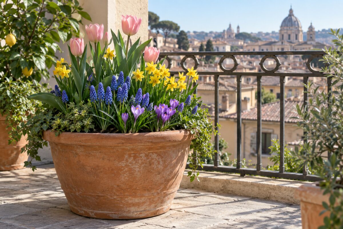 Grande vaso con crochi, muscari, narcisi e tulipani in fioritura scalare