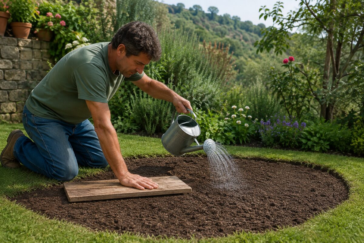Terreno seminato pressato e bagnato con un getto fine