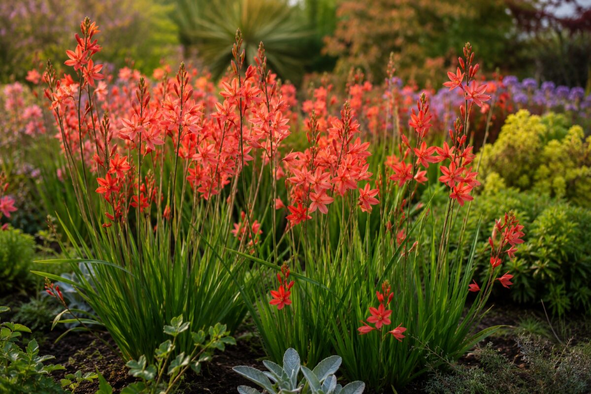 Bordura di Hesperantha coccinea con fiori rosso corallo